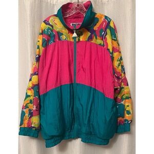 VTG 90s Womens Pink Teal Colorblock & Floral Winder Breaker Jacket Size 18/20